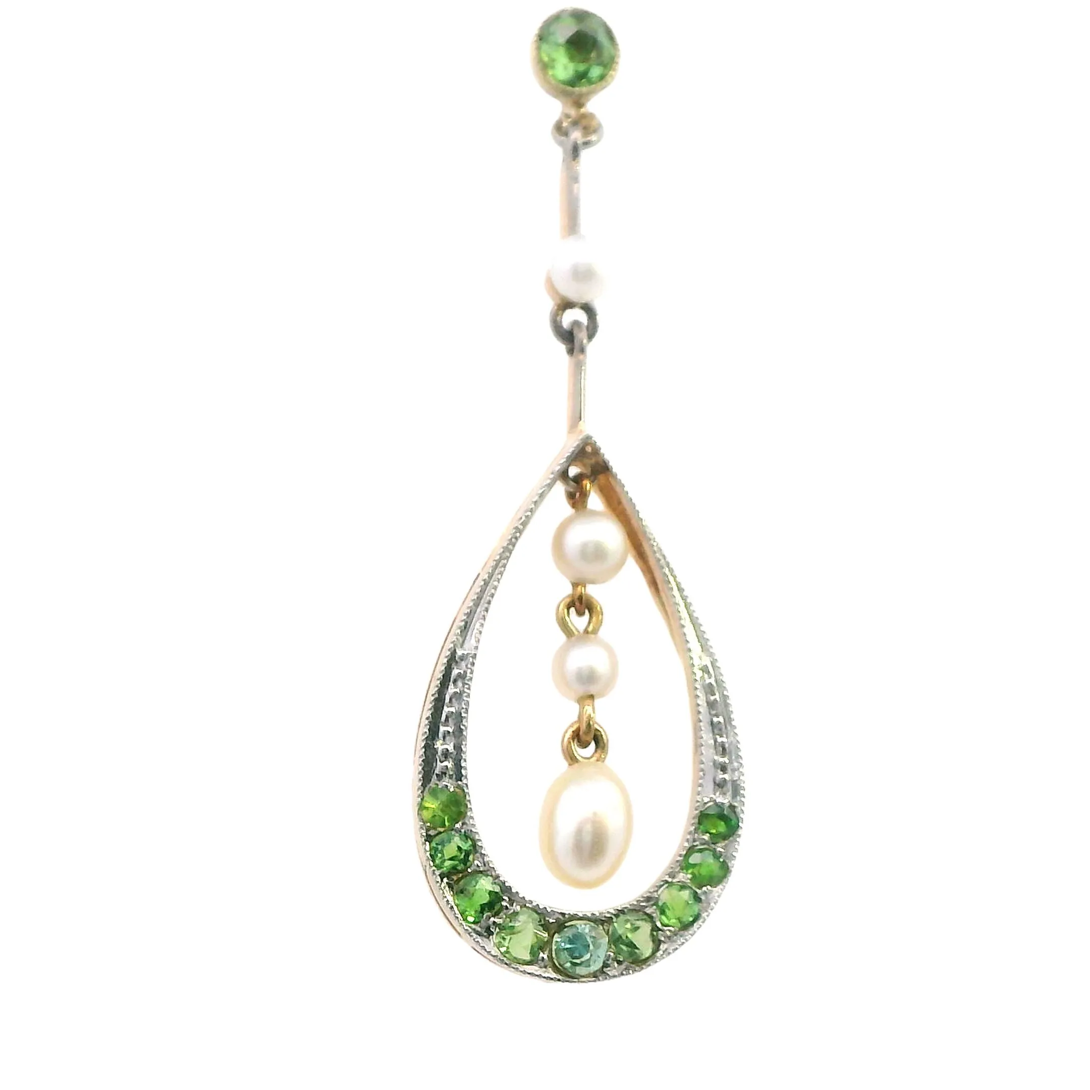 Elegant 9ct Yellow Gold Pearl and Demantoid Garnet Drop Earrings