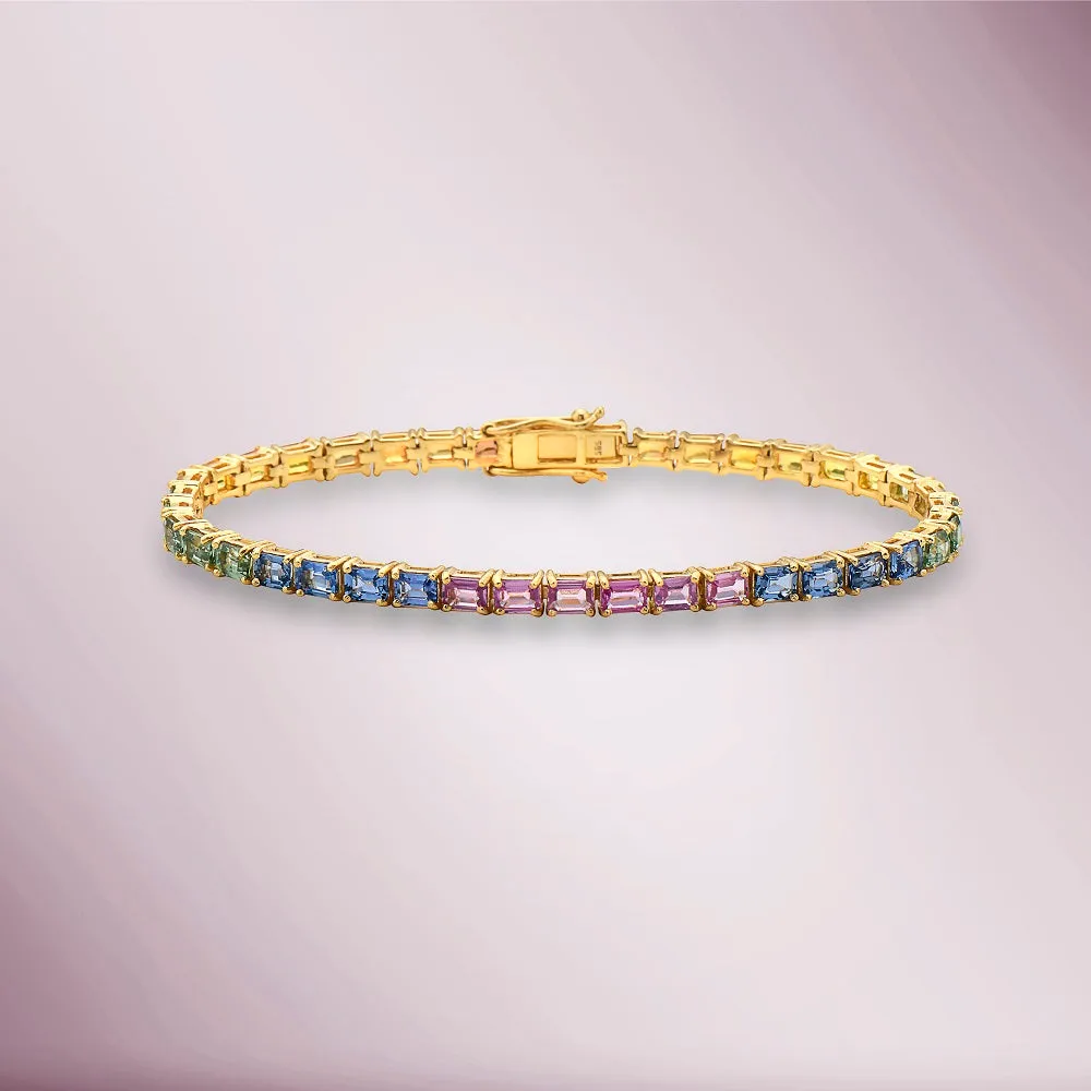 Emerald Cut Multicolor Rainbow Sapphire Tennis Bracelet ( 10.50 ct. ) 4-Prongs Setting in 14K Gold