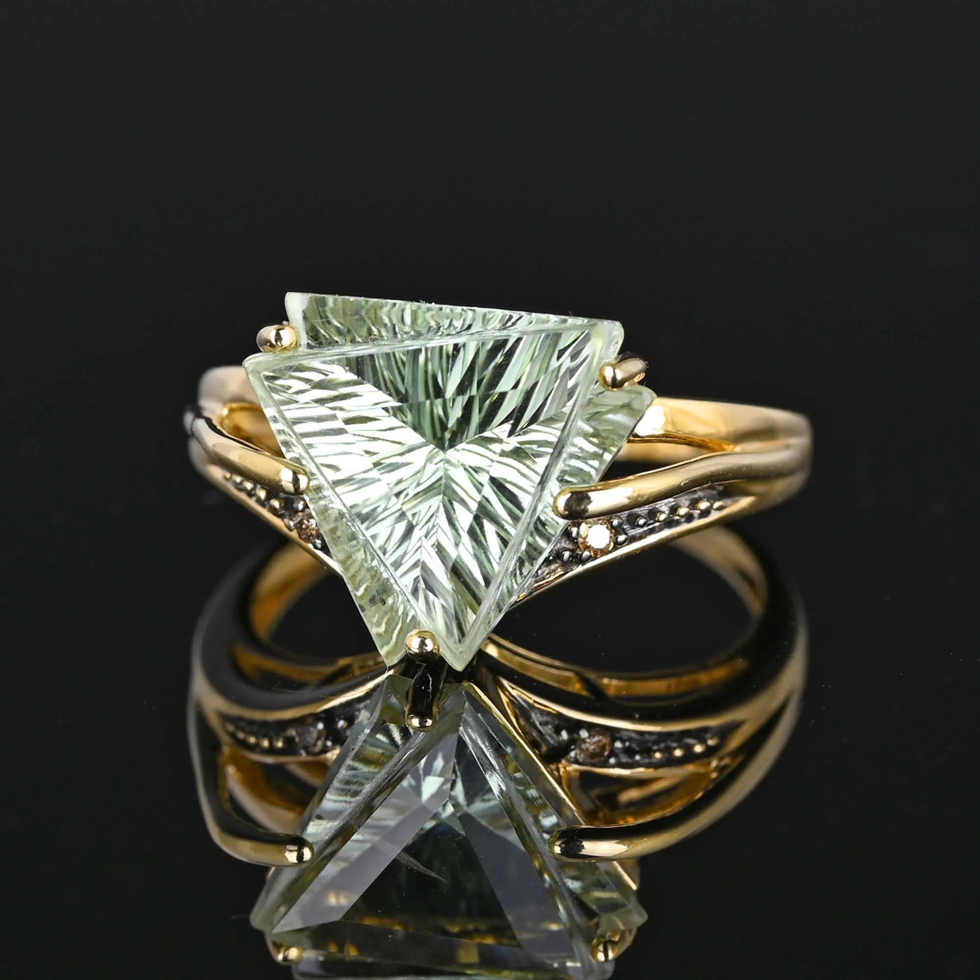 Fancy Cut Trillion Prasiolite Green Amethyst Ring