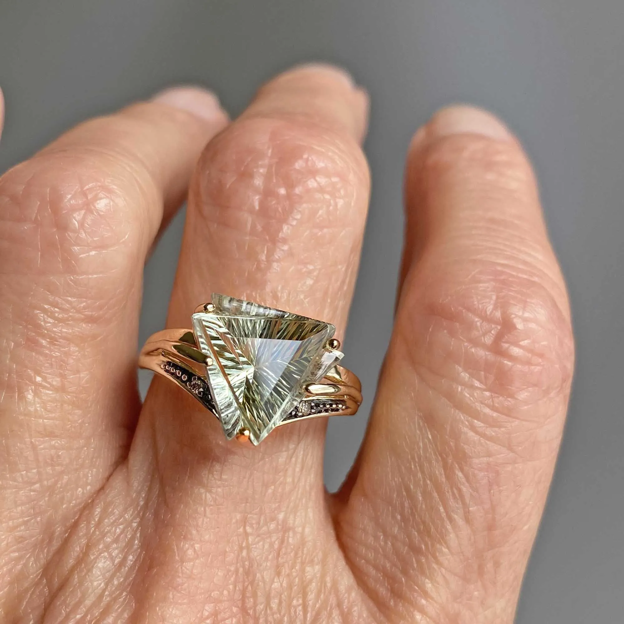 Fancy Cut Trillion Prasiolite Green Amethyst Ring