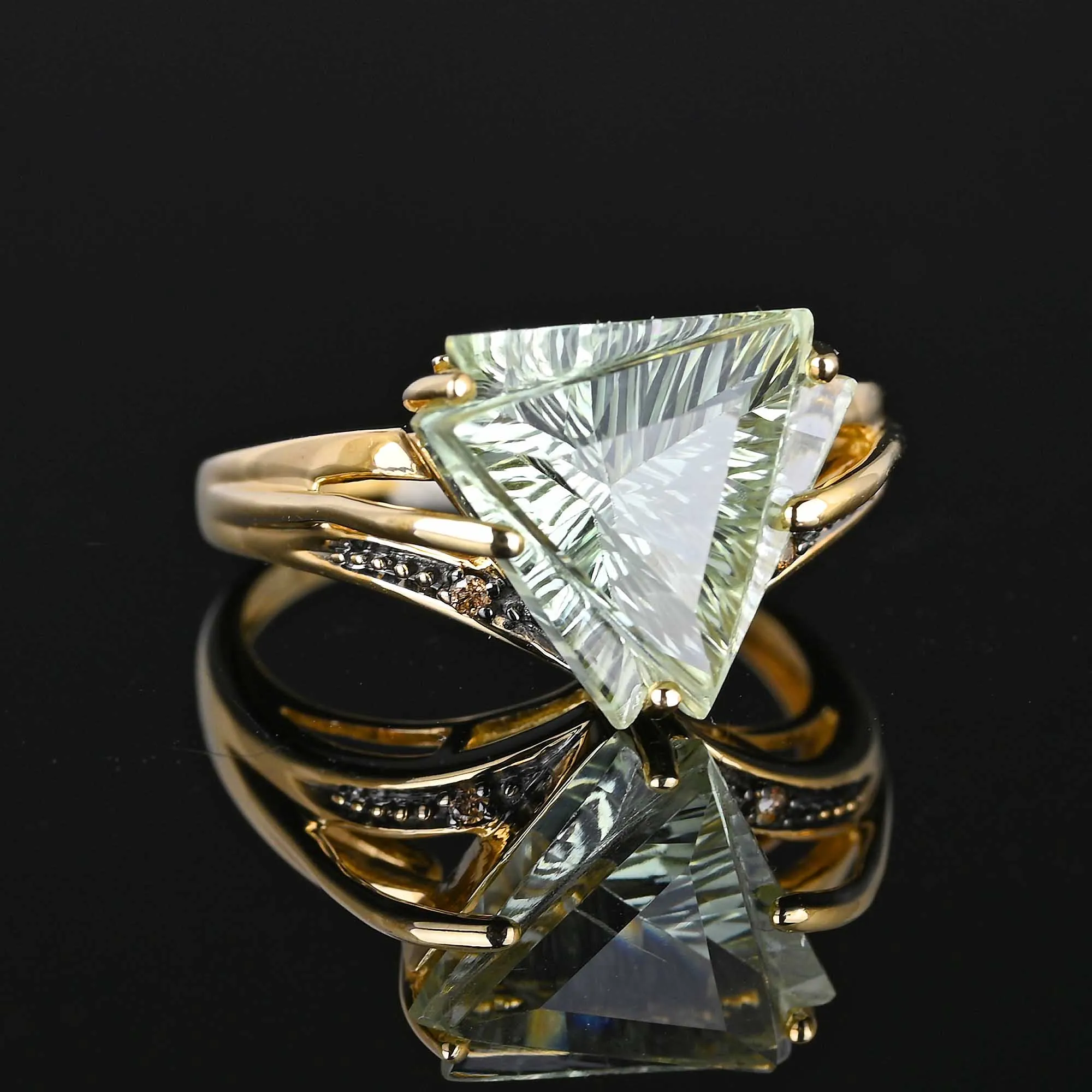 Fancy Cut Trillion Prasiolite Green Amethyst Ring