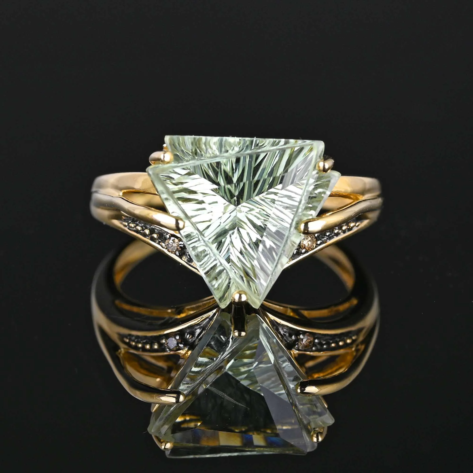 Fancy Cut Trillion Prasiolite Green Amethyst Ring