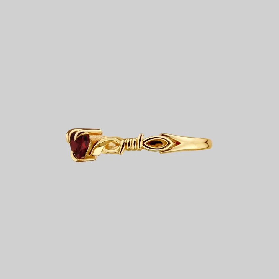 FATAL. Barbed Wire & Garnet Heart Ring - Gold