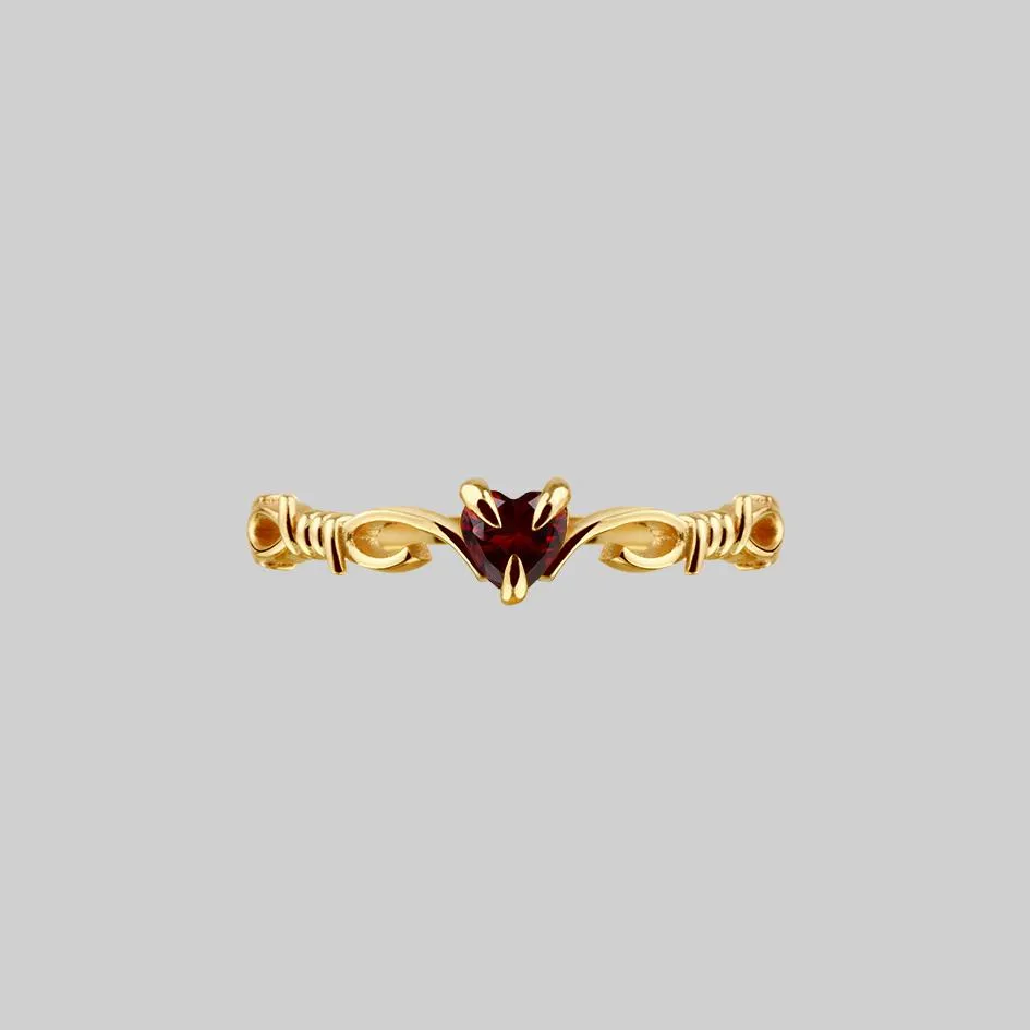 FATAL. Barbed Wire & Garnet Heart Ring - Gold