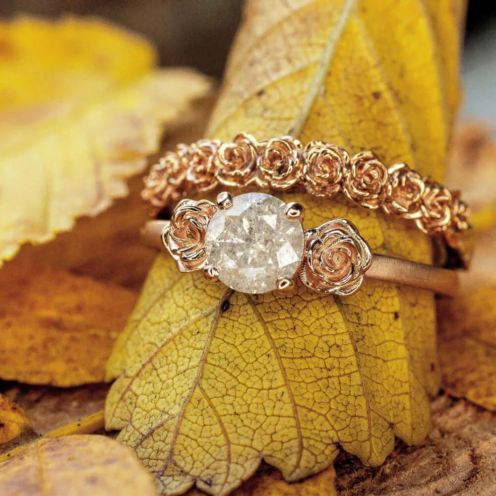 FLORAL ROUND CUT RUSTIC NATURAL DIAMOND ENGAGEMENT RING ROSE GOLD SATIN COCKTAIL