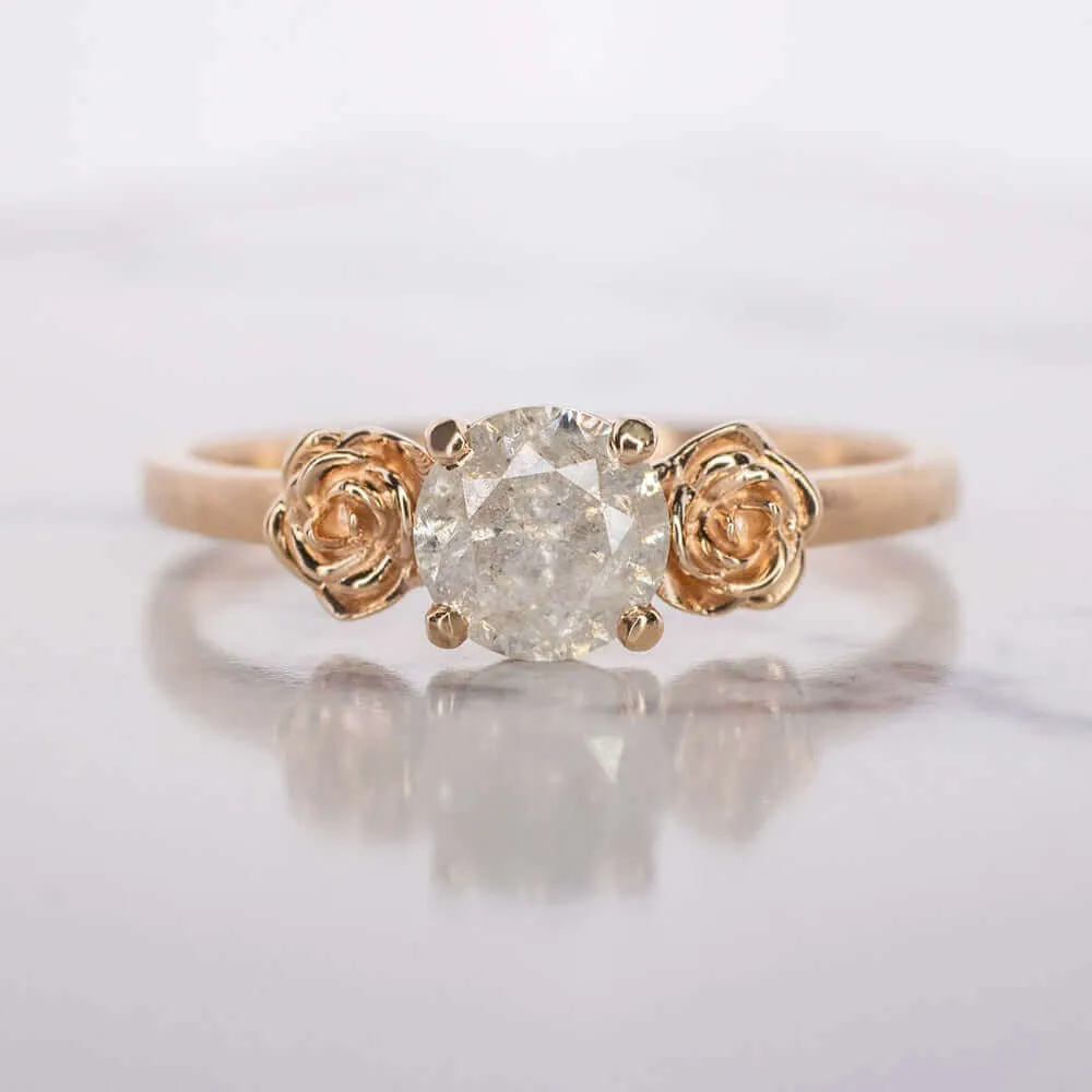 FLORAL ROUND CUT RUSTIC NATURAL DIAMOND ENGAGEMENT RING ROSE GOLD SATIN COCKTAIL