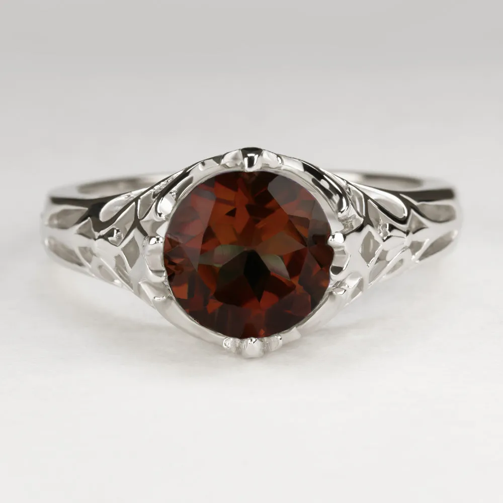 GARNET STERLING SILVER RING VINTAGE STYLE SOLITAIRE ART DECO FILIGREE RED ROUND