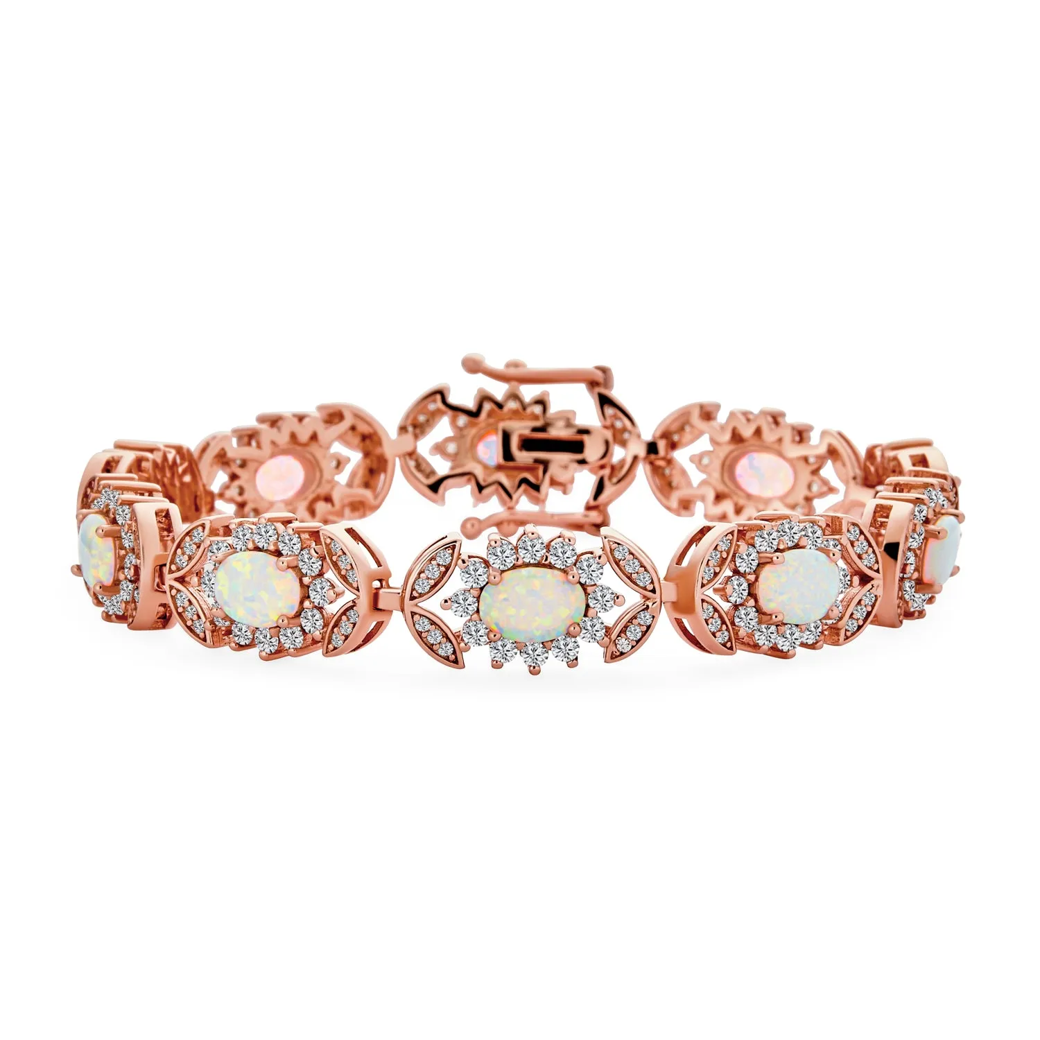 Gemstone CZ & Opal Tennis Bracelet Vintage Style Rose Gold Sterling Silver 7 Inch