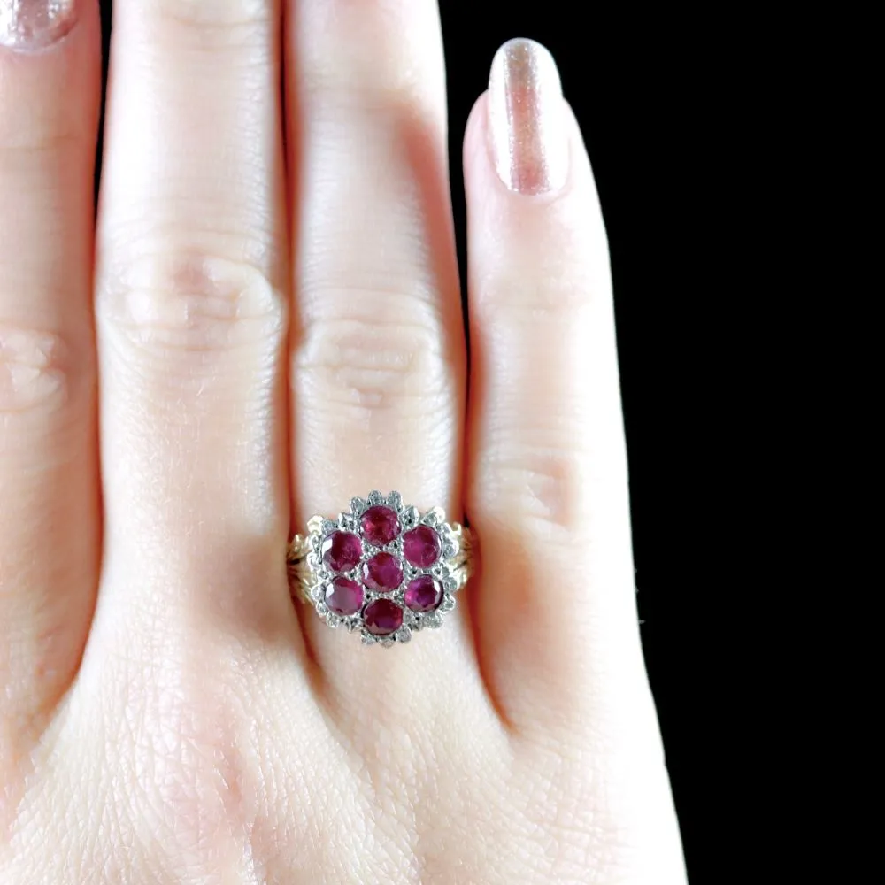 Georgian Ruby Diamond Cluster Ring 18Ct Gold Silver