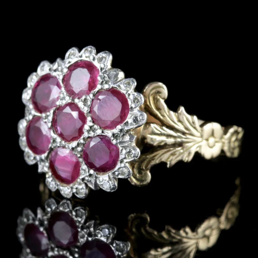 Georgian Ruby Diamond Cluster Ring 18Ct Gold Silver