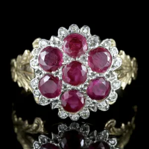 Georgian Ruby Diamond Cluster Ring 18Ct Gold Silver