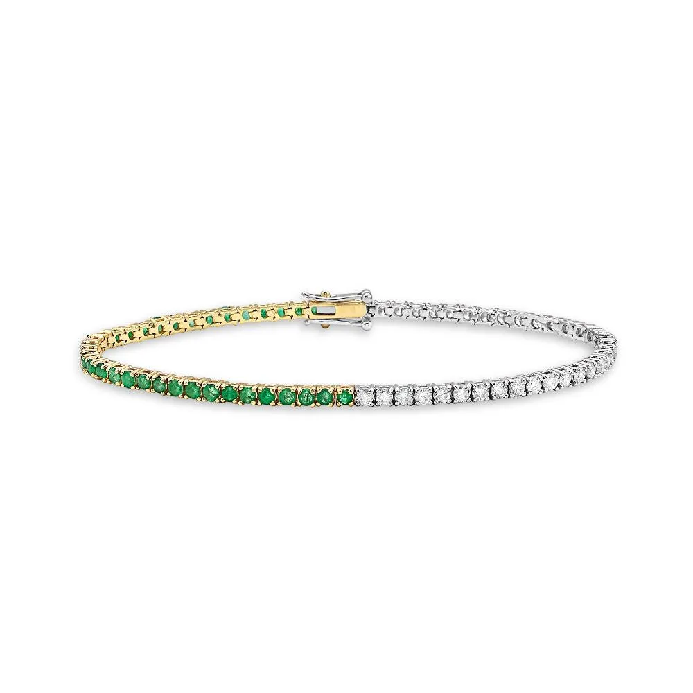 Half Diamonds & Half Emerald Tennis Bracelet (3.15ct.) 4-Prongs Setting in 14K Gold