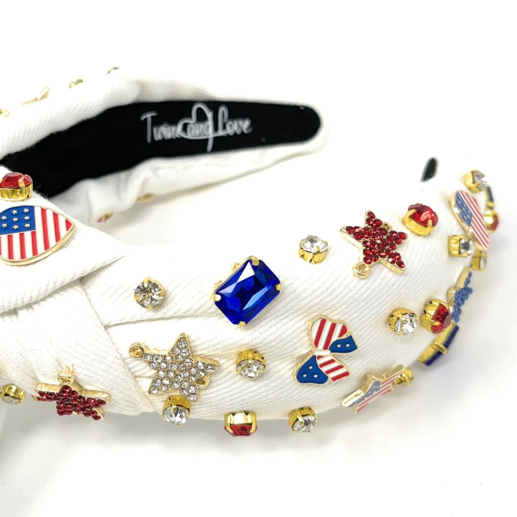 Hand Sewn USA White Jeweled Knot Headband