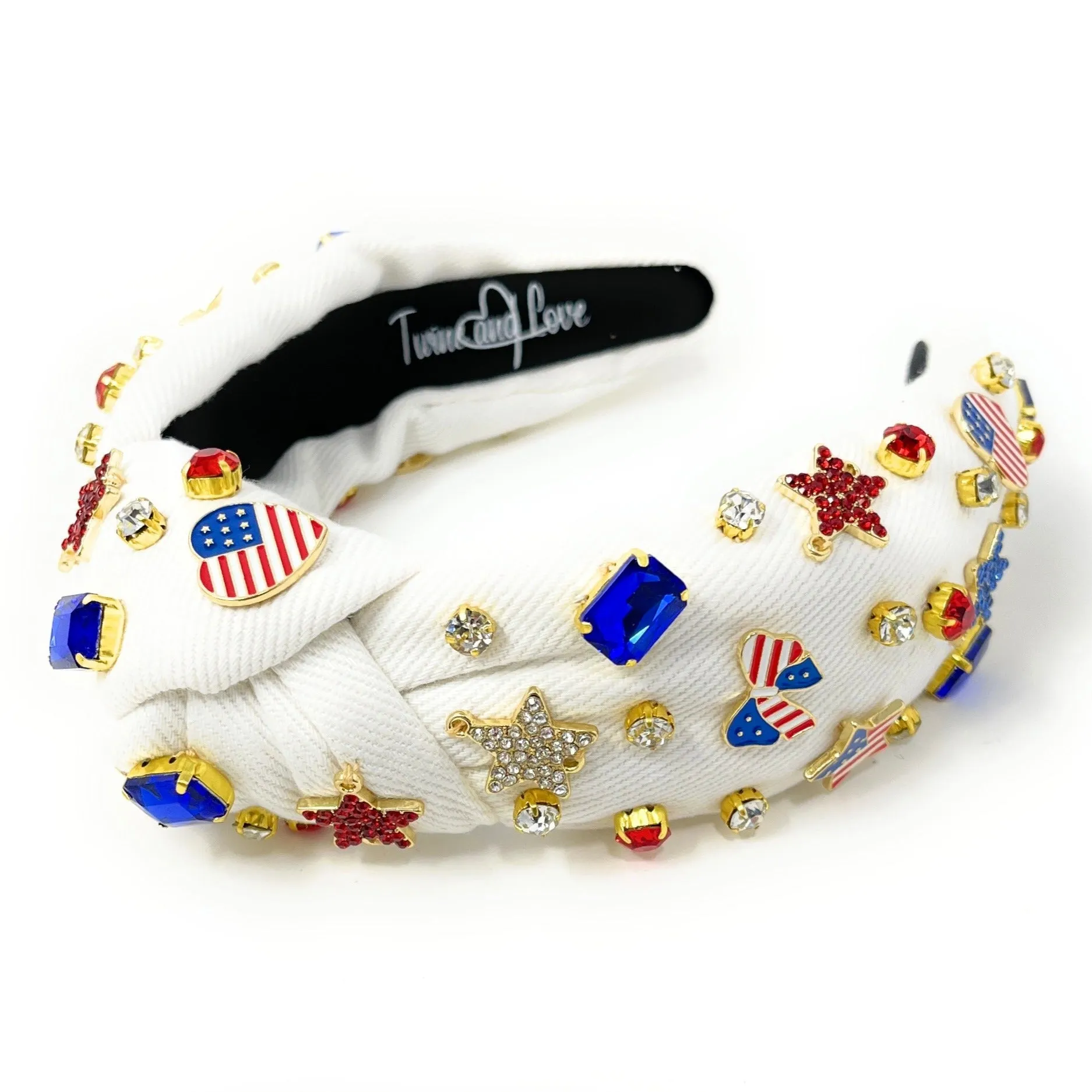 Hand Sewn USA White Jeweled Knot Headband