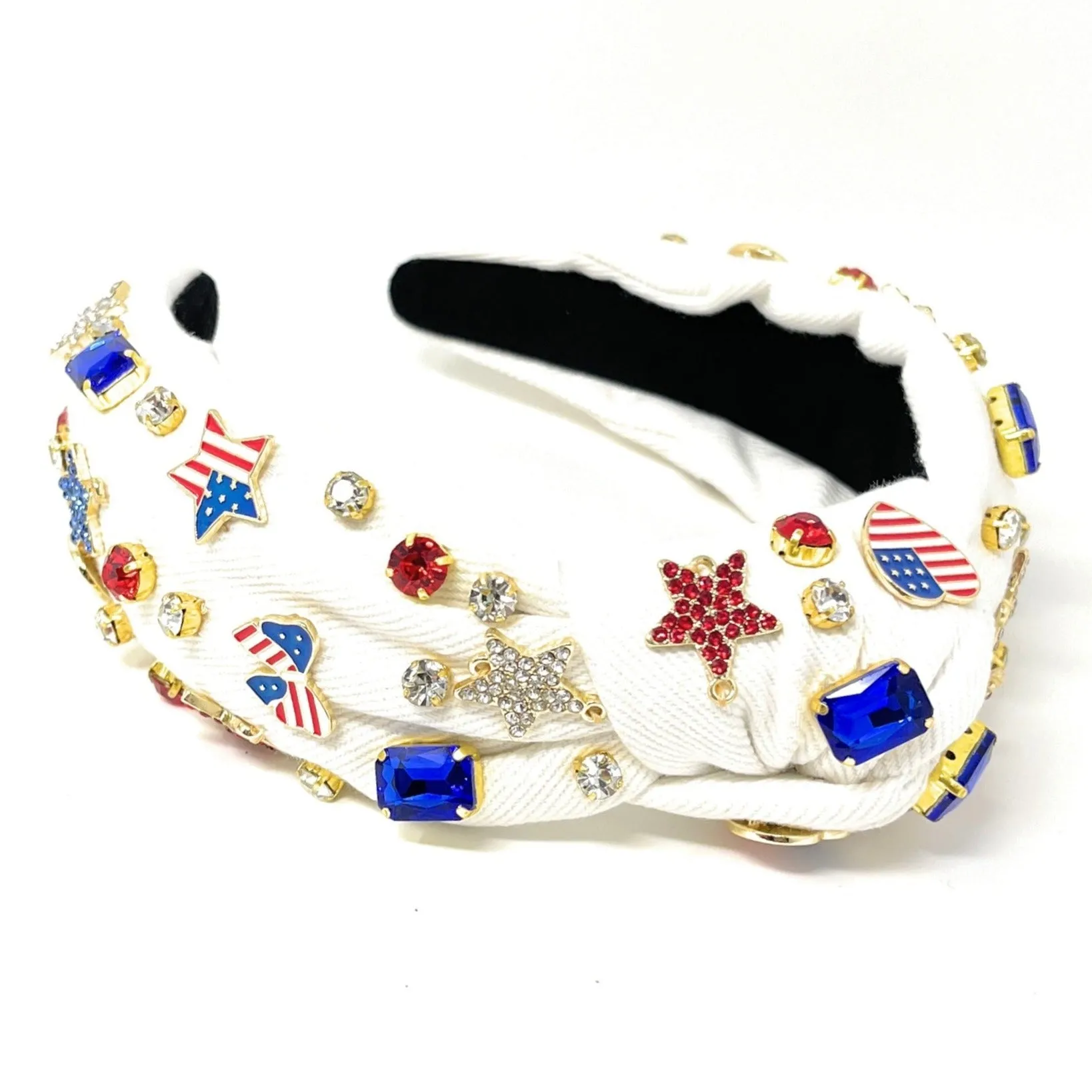 Hand Sewn USA White Jeweled Knot Headband