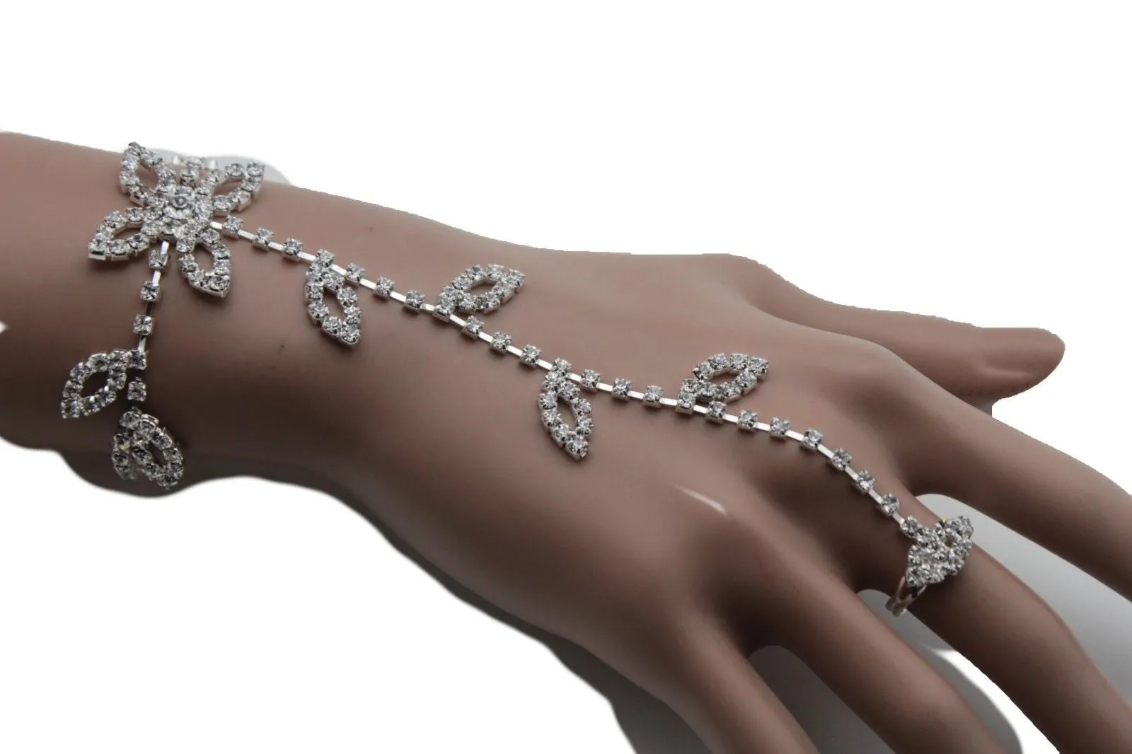 Hot Silver Metal Hand Chain Bracelet Floral Leaf Flower Lace Rhinestones