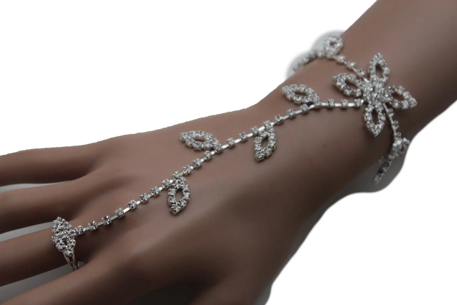 Hot Silver Metal Hand Chain Bracelet Floral Leaf Flower Lace Rhinestones