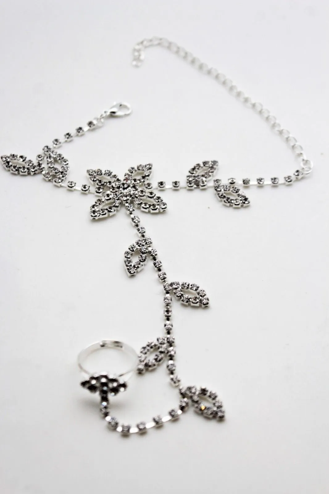 Hot Silver Metal Hand Chain Bracelet Floral Leaf Flower Lace Rhinestones