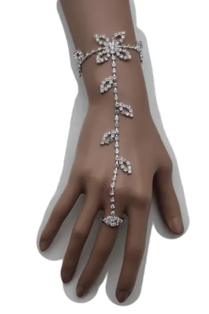 Hot Silver Metal Hand Chain Bracelet Floral Leaf Flower Lace Rhinestones