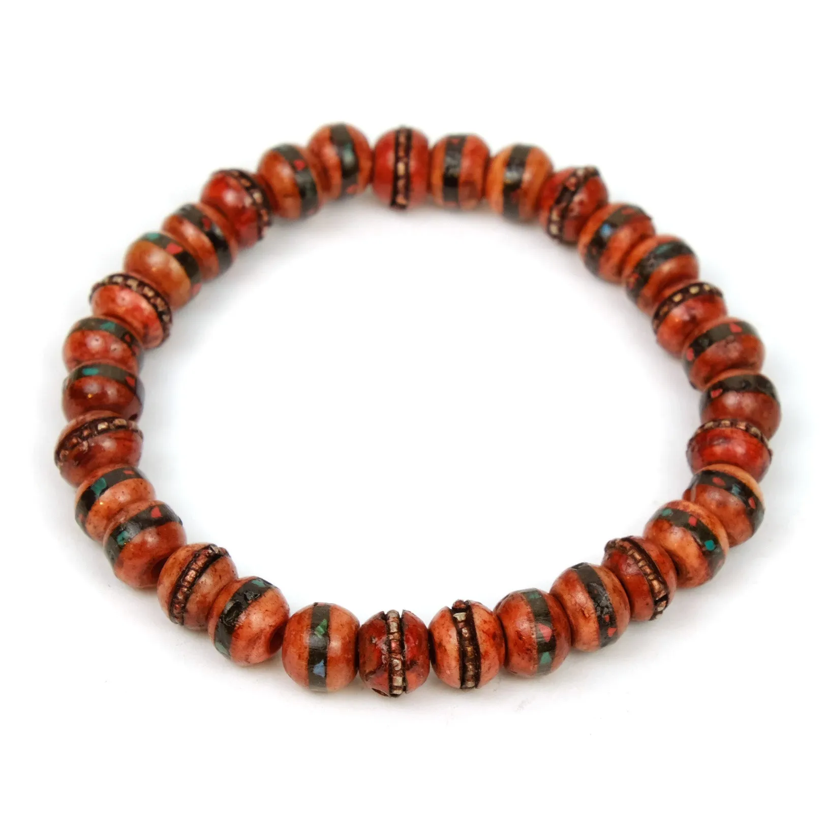 Inlaid Yak Bone Stretch Bracelet 8mm Red