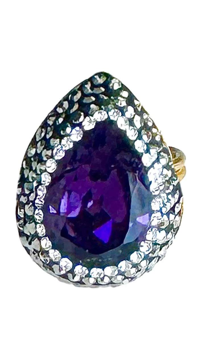 Jeweled Purple and Smoky Crystal Teardrop Cocktail Ring