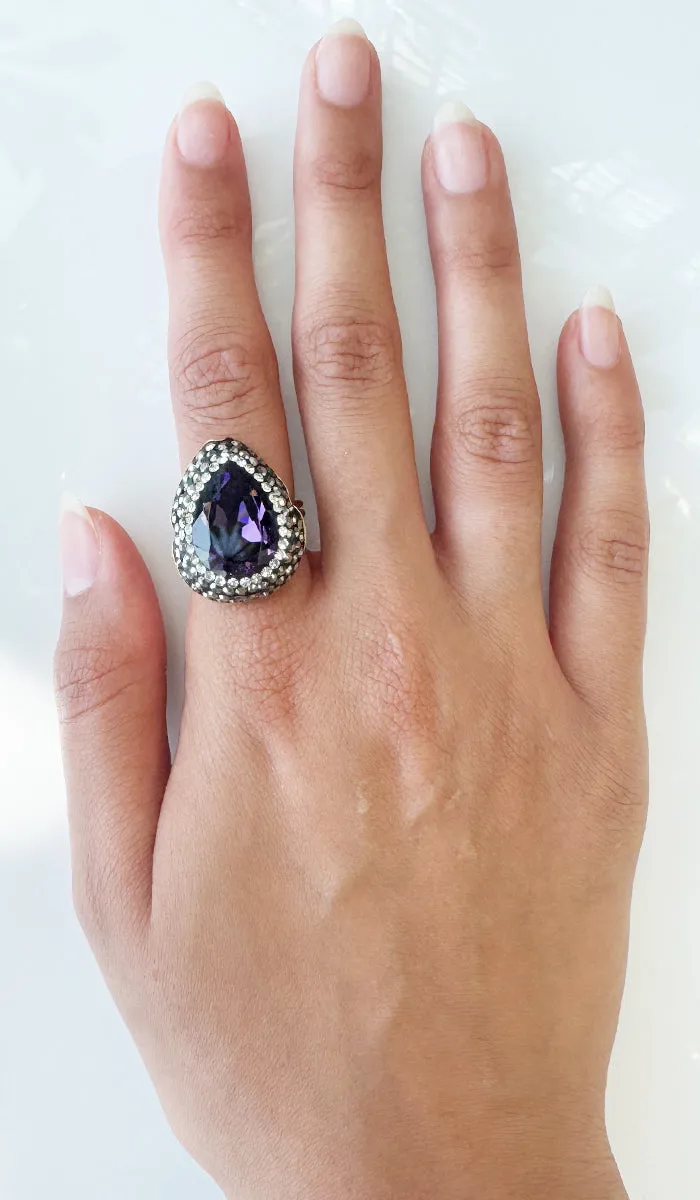 Jeweled Purple and Smoky Crystal Teardrop Cocktail Ring