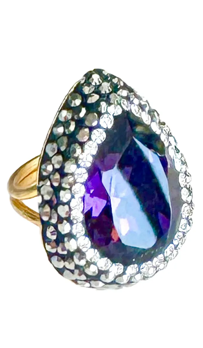 Jeweled Purple and Smoky Crystal Teardrop Cocktail Ring