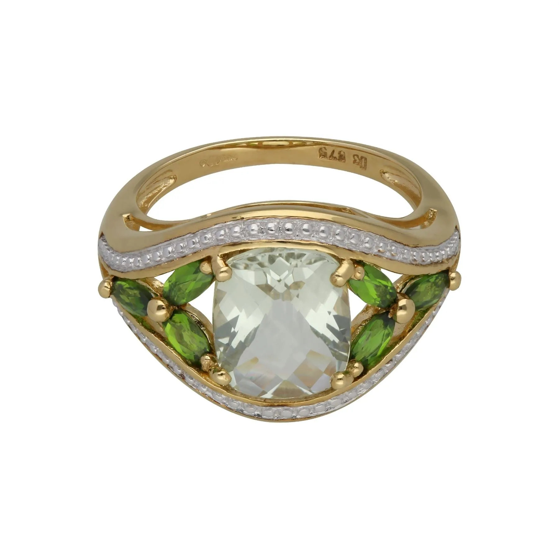 Kosmos Grüner Quarz & Chrom-Diopsid Cocktail Ring in 9ct Gelb Gold