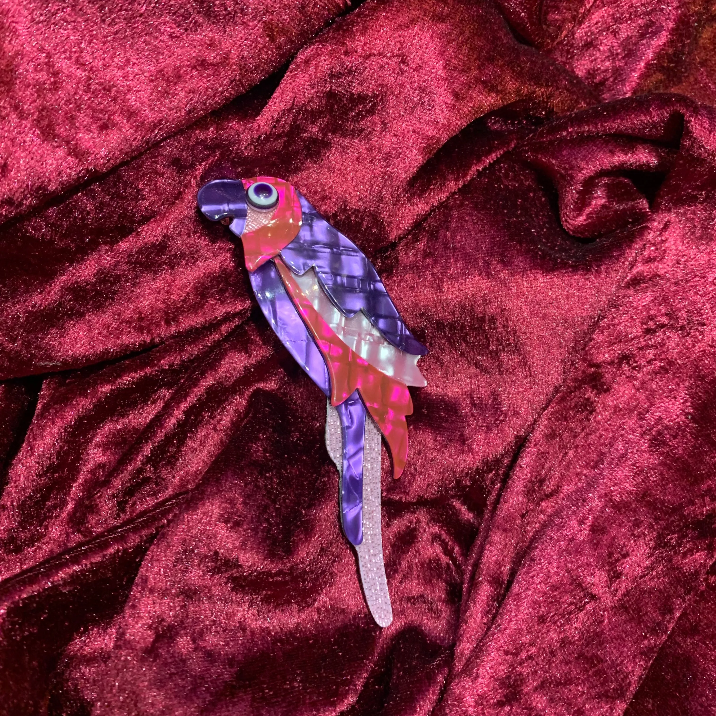 Lea Stein Pink Purple Parrot Brooch Glitter