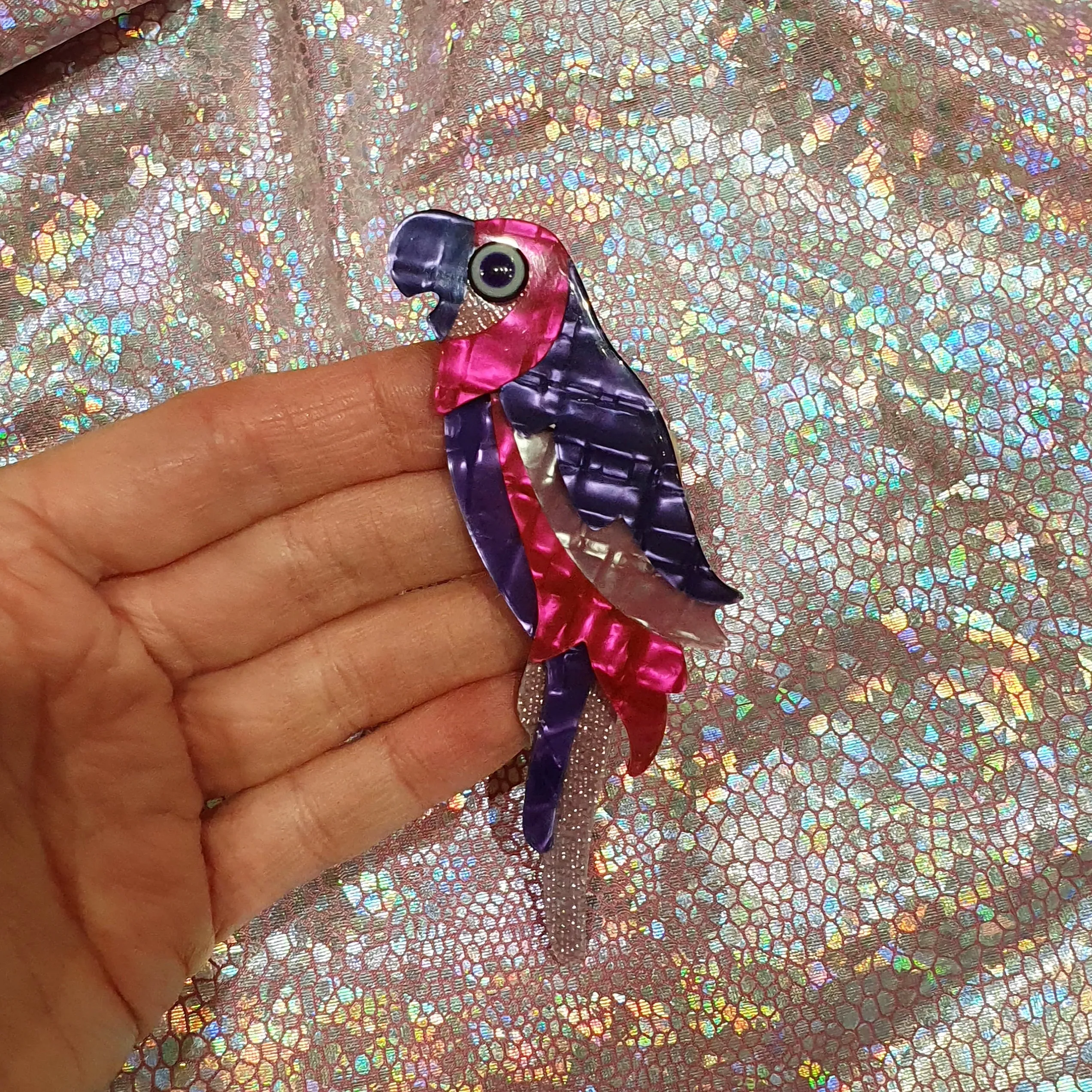 Lea Stein Pink Purple Parrot Brooch Glitter