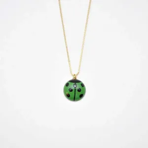 Maki-e Urushi Lacquer Pendant Necklace - White South Sea Pearl Shell / Ladybug / Green -, Traditional Japanese Urushi Lacquer Jewelry