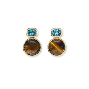 Marker Earrings with Carved Tiger's Eye & Blue Topaz