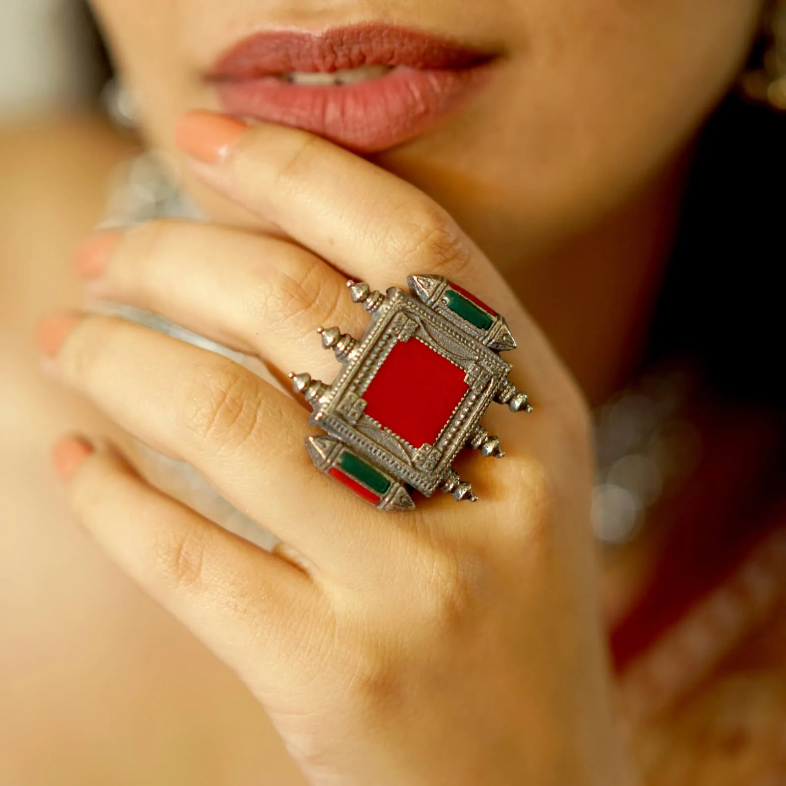 Meena Multi Colored Enamel Silver Oxidized Ring