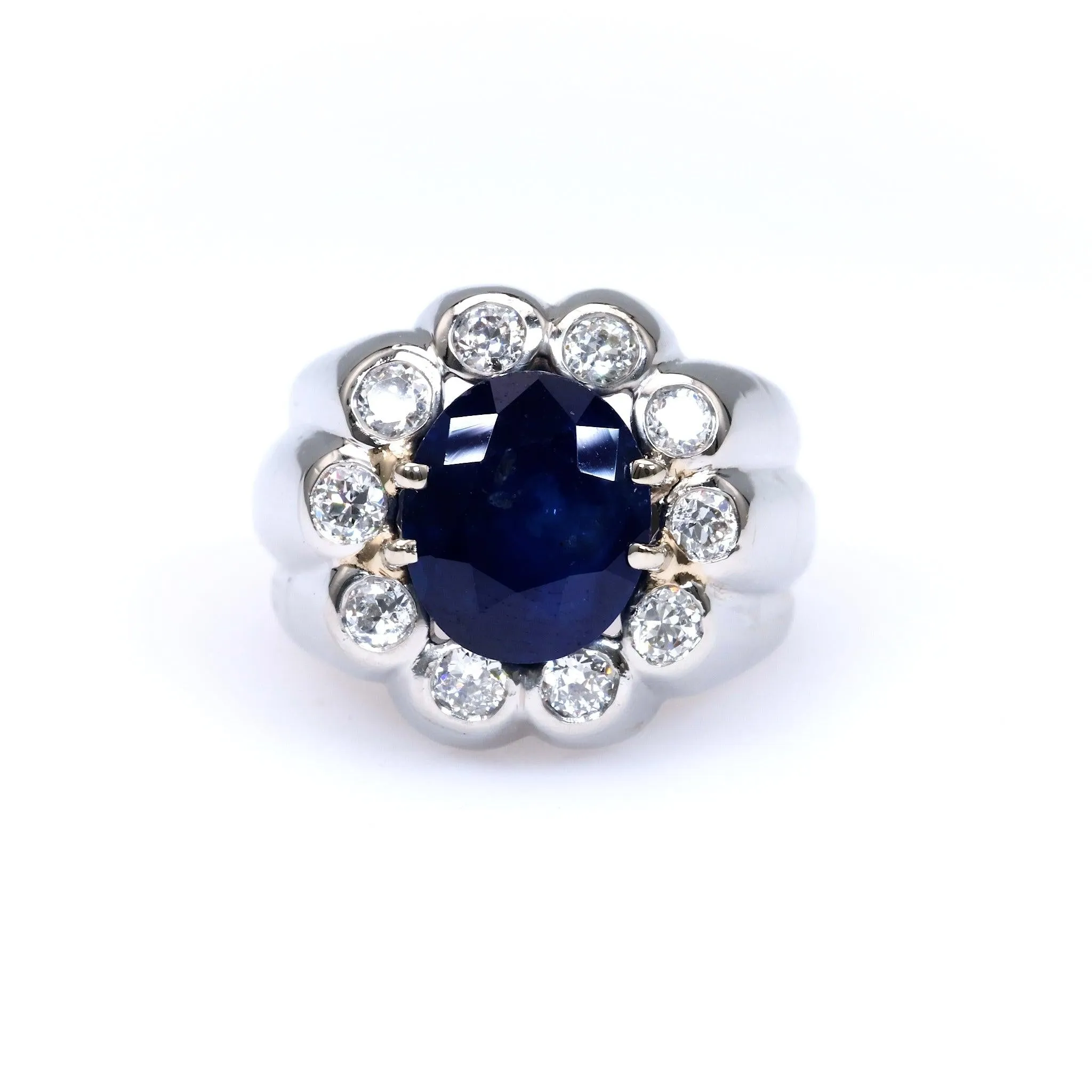 Mid-Century French Sapphire and Diamond Platinum Ring