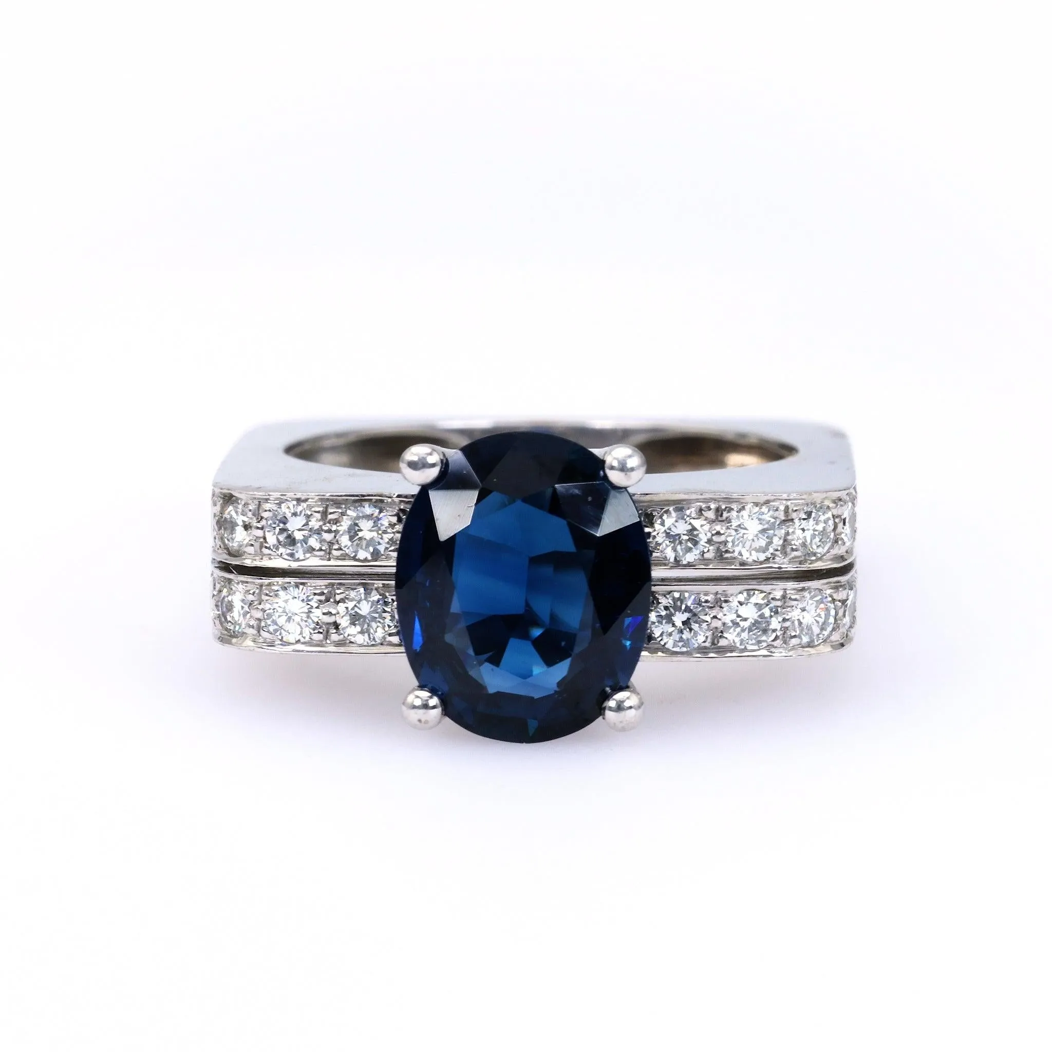 Mid-Century Sapphire Diamond 18k White Gold Ring