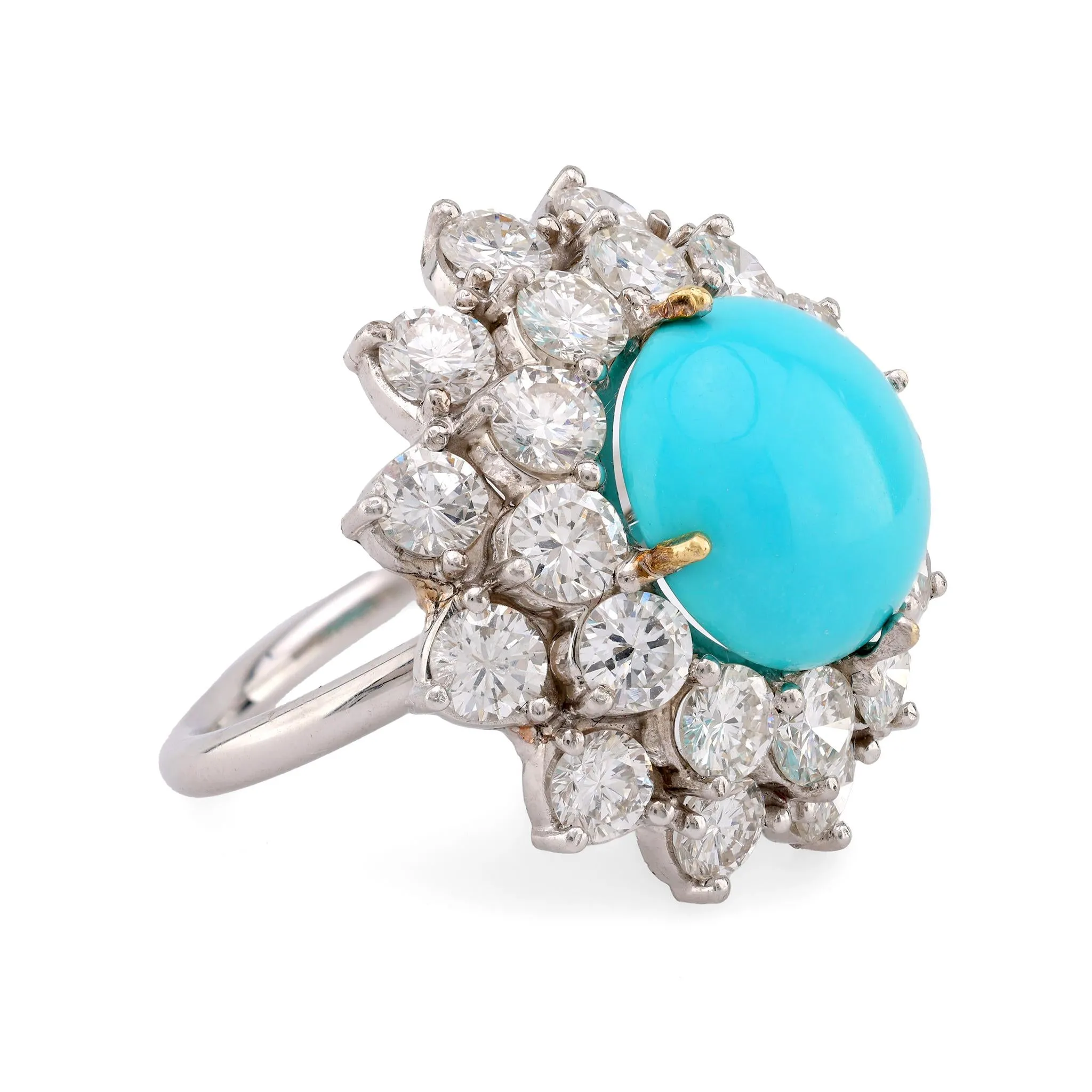 Mid Century Turquoise 5 Carat Diamond 18K White Gold Cluster Ring