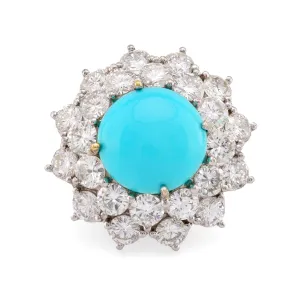 Mid Century Turquoise 5 Carat Diamond 18K White Gold Cluster Ring