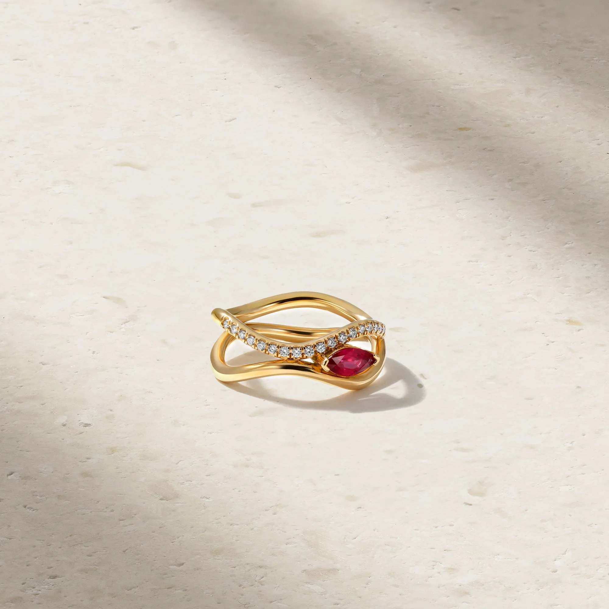 Mirrored Wave Ruby and Diamond Ring