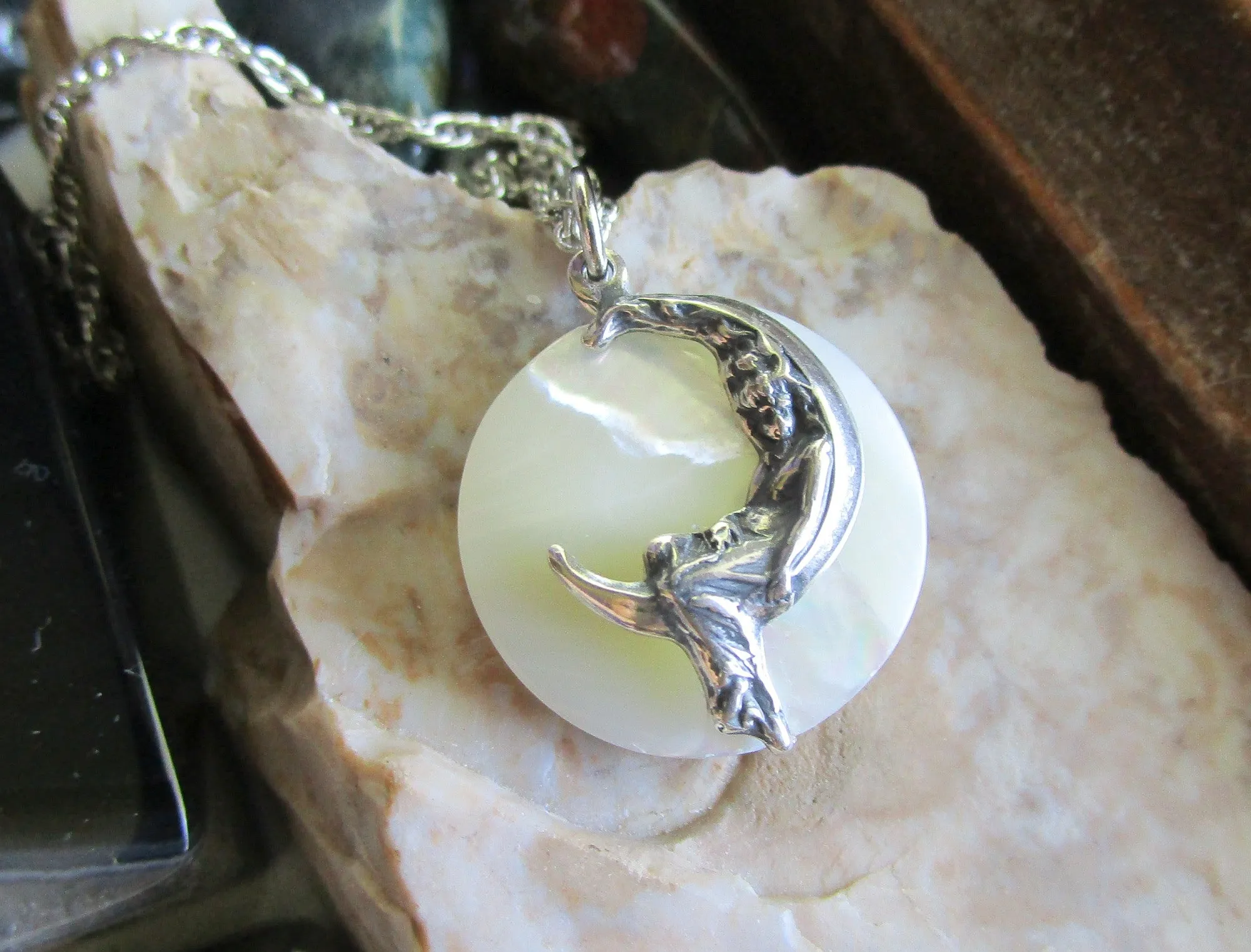 Mother of Pearl Moon Maiden Natural Pendant Necklace