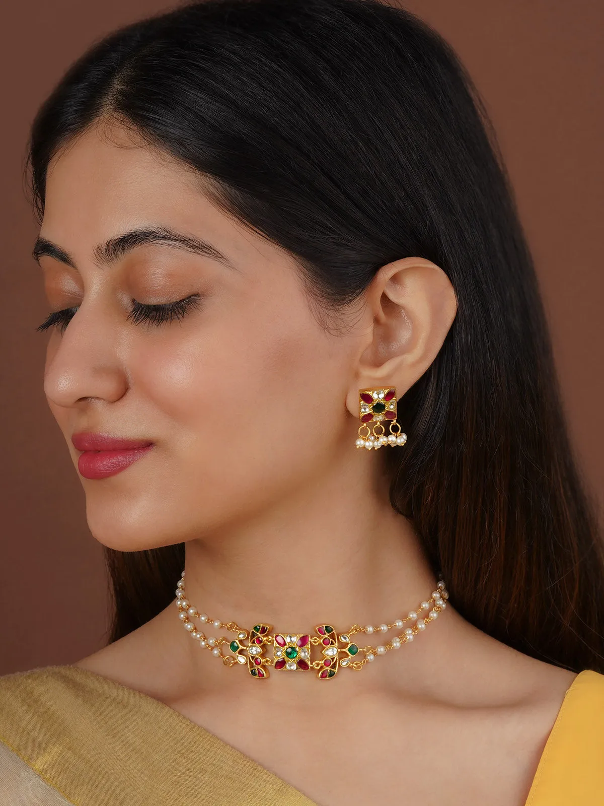 Multicolor Gold Plated Jadau Kundan Necklace Set - MS2336M