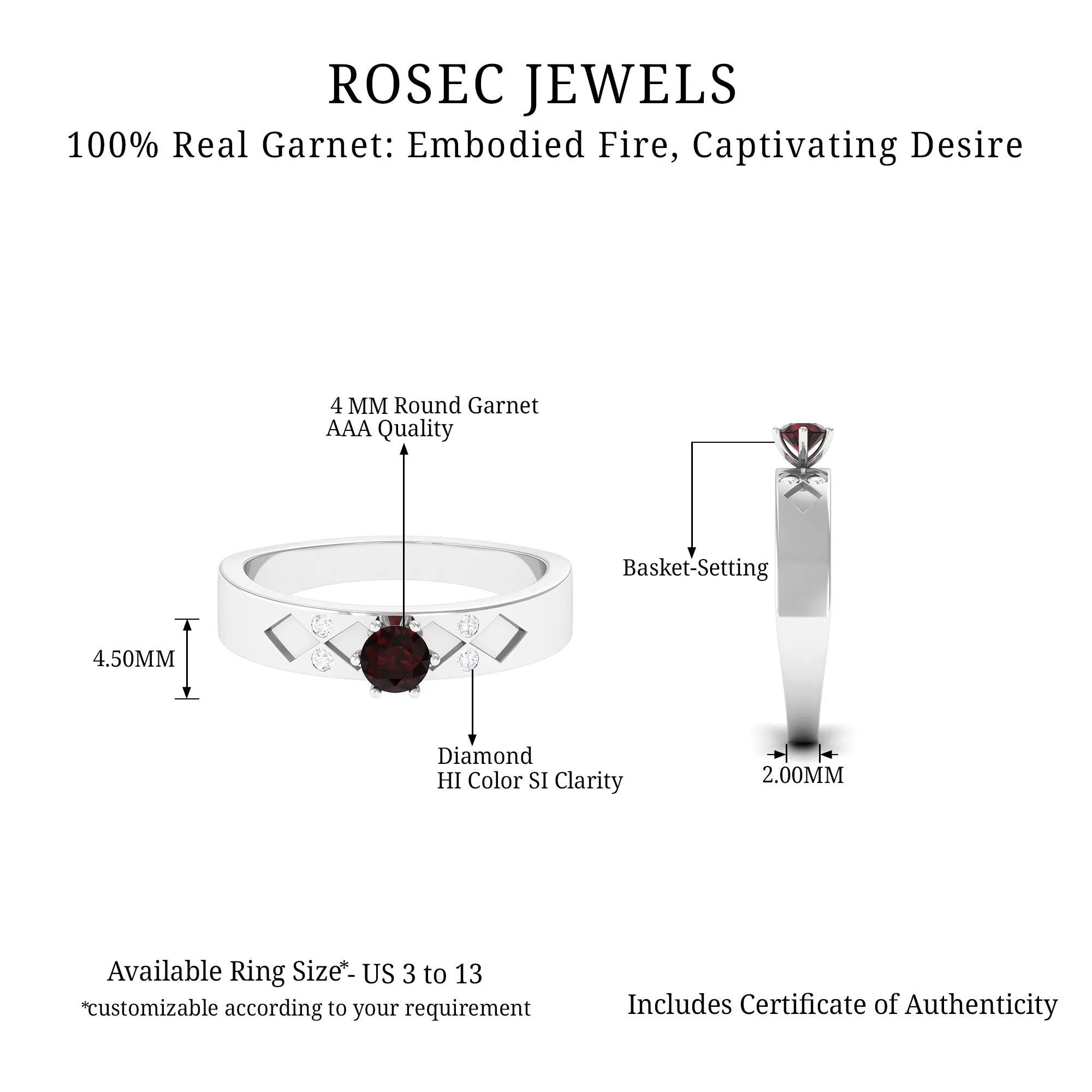 Natural Round Garnet Solitaire Band Ring