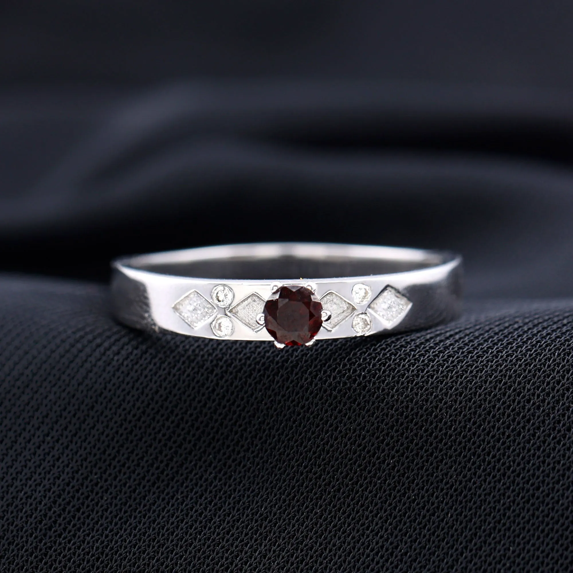 Natural Round Garnet Solitaire Band Ring