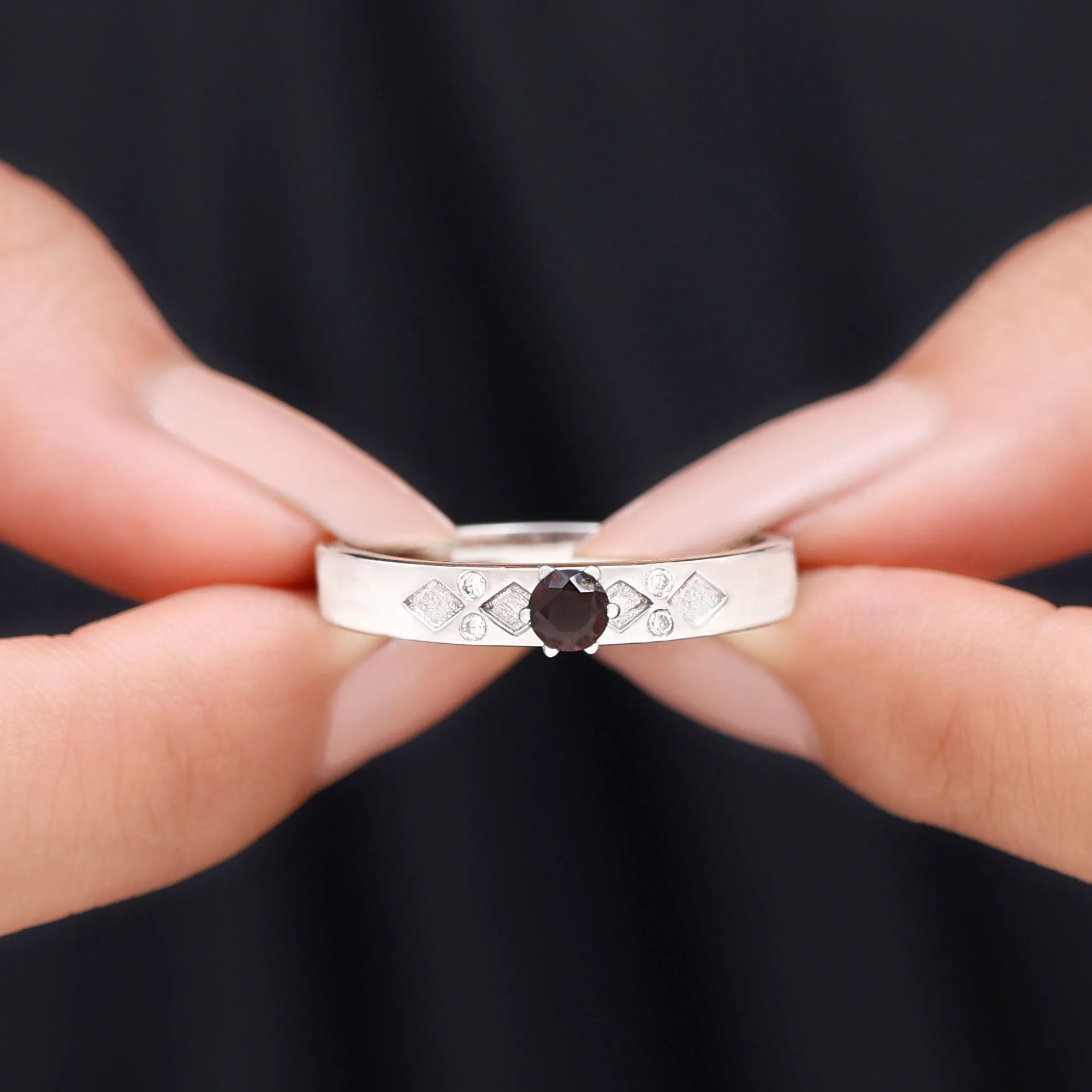 Natural Round Garnet Solitaire Band Ring