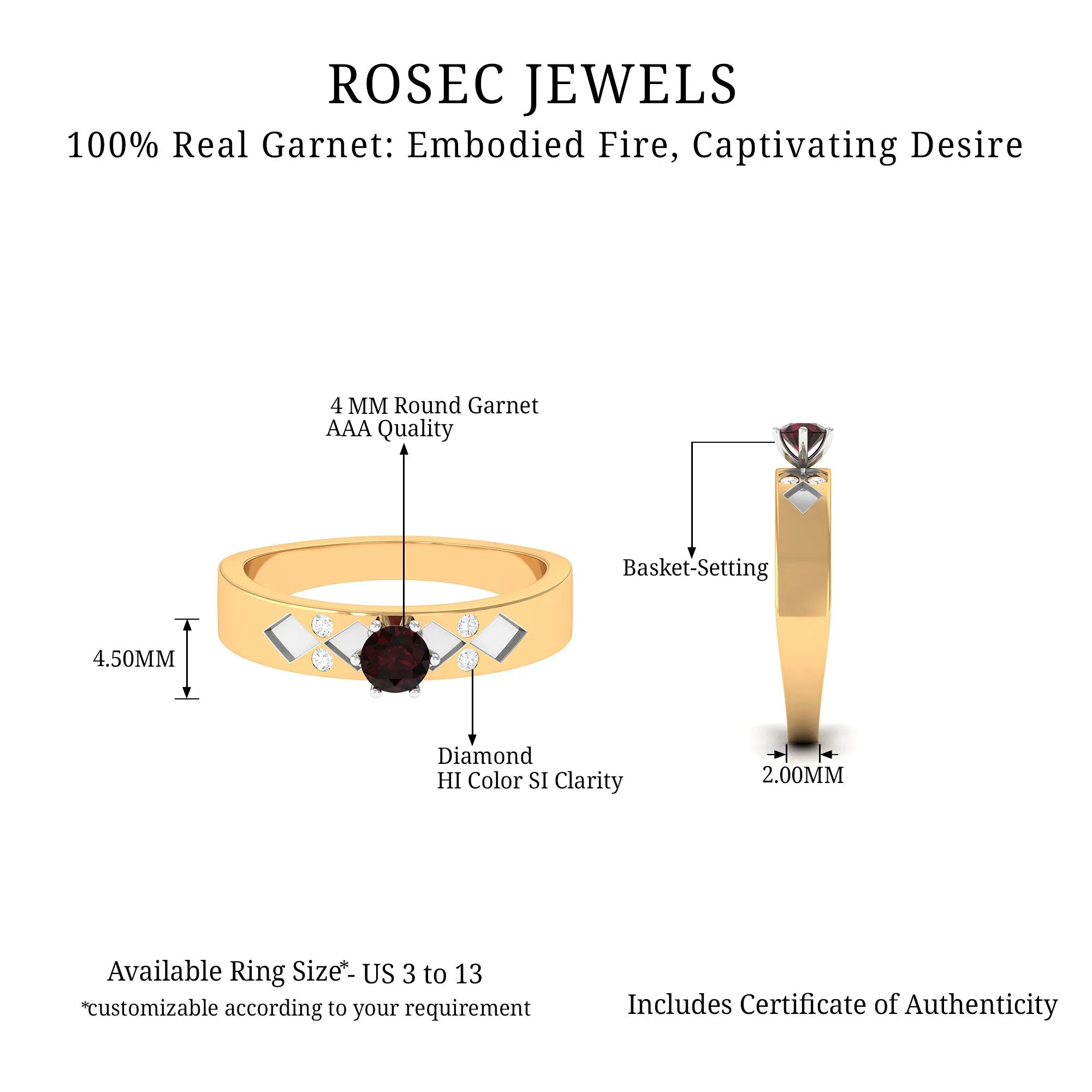 Natural Round Garnet Solitaire Band Ring