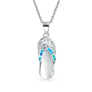 Nautical Blue Opal Flip Flop Pendant Necklace in Sterling Silver October Birthstone