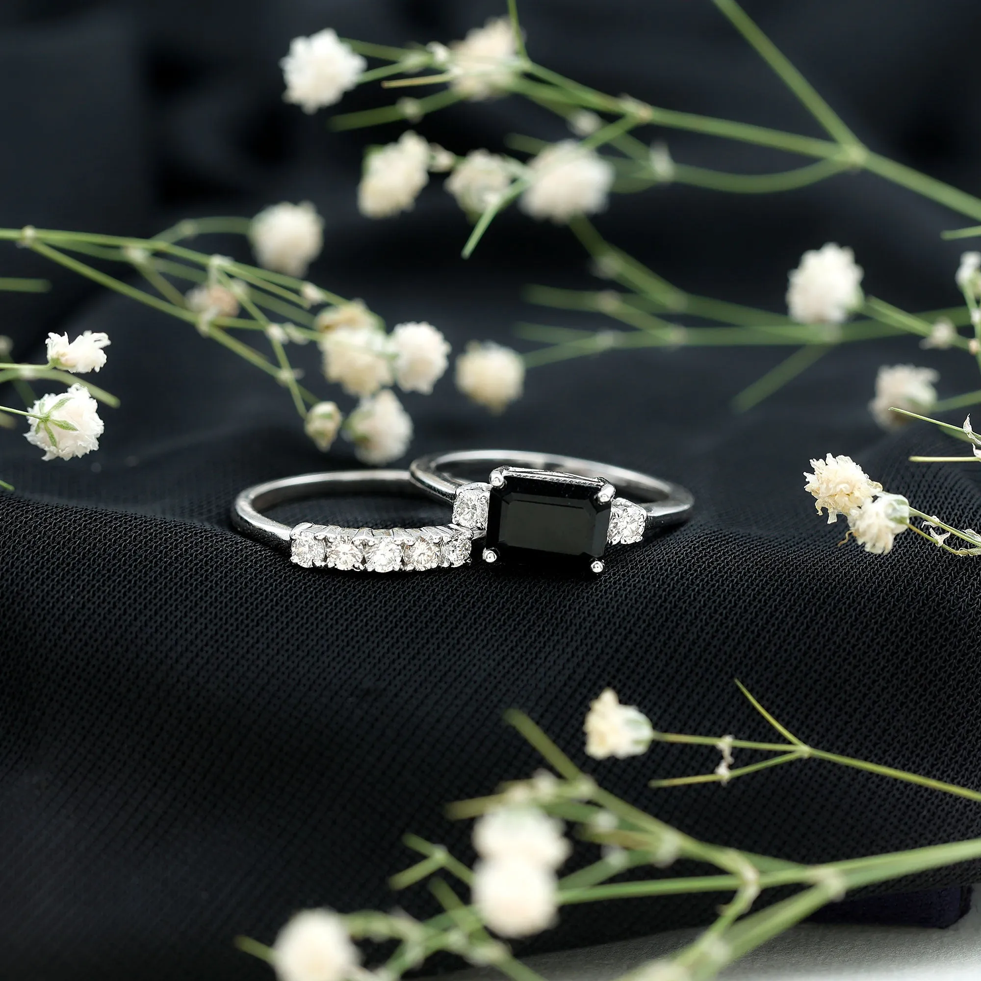 Octagon Cut Black Onyx Contemporary Wedding Ring Set with Diamond