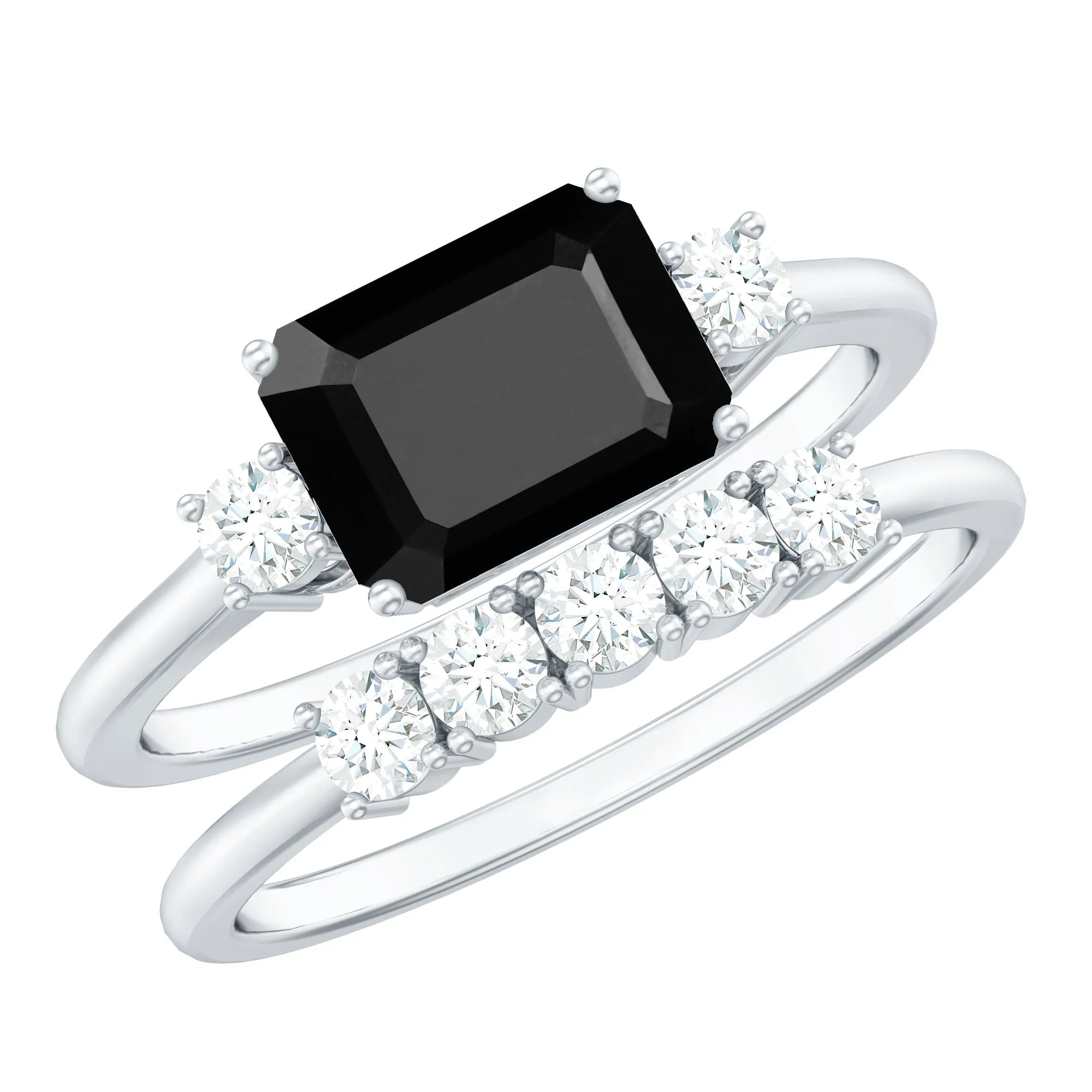 Octagon Cut Black Onyx Contemporary Wedding Ring Set with Diamond