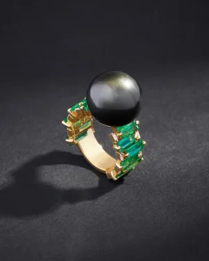 One of a Kind Dark Grey Pearl Ring with Emeralds Baguettes