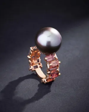 One of a Kind Tahitian Pearl Ring with Neutral Sapphires & Baguette Diamonds