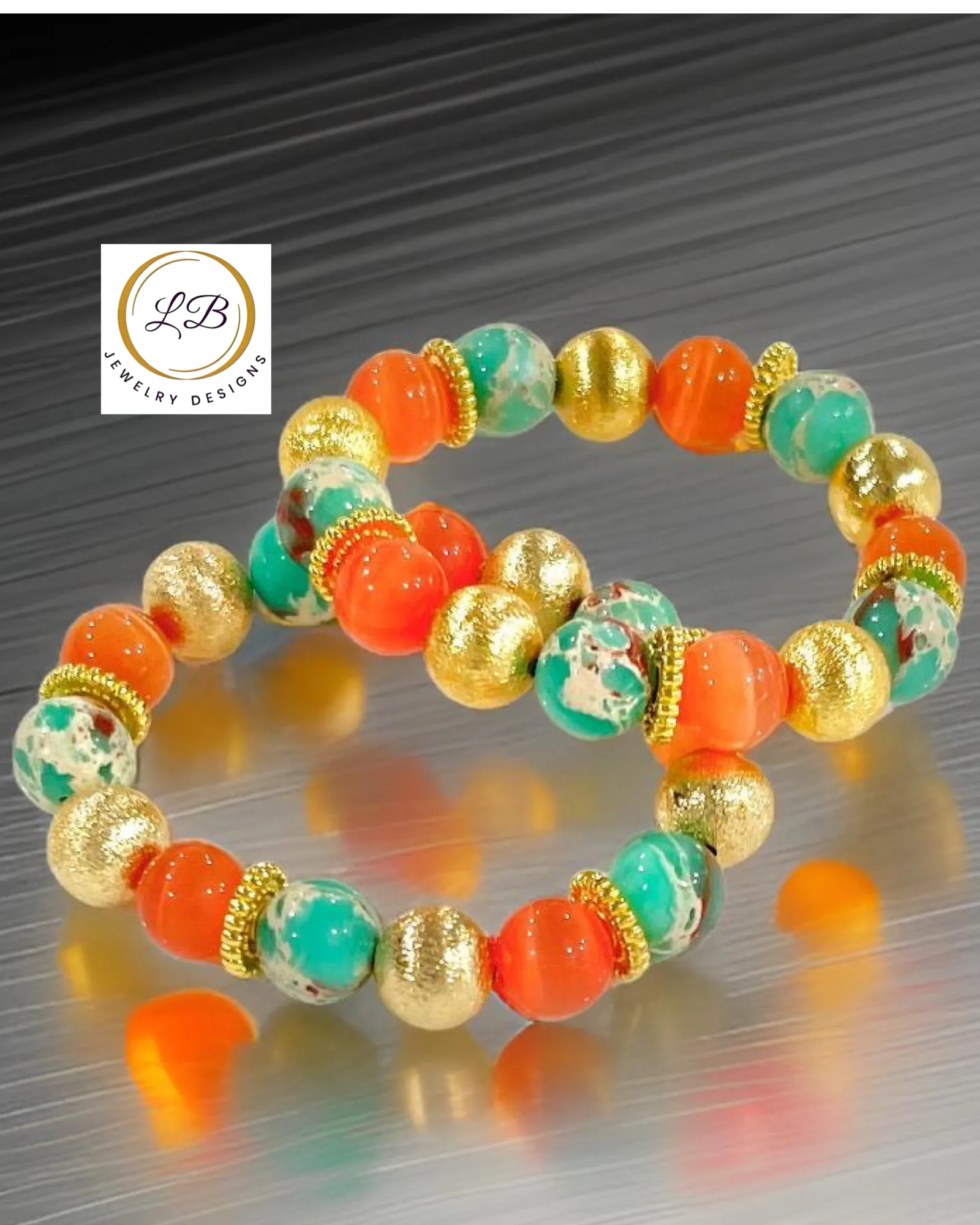 Orange Mexican Fire Opal & Imperial Jasper Gold Beaded Bracelet